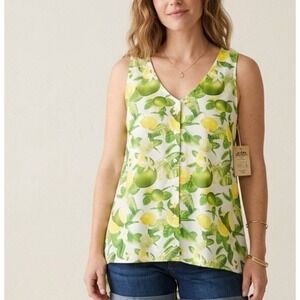 KAVU Beryl Sun Citrus Lemon Lime Print Sleeveless Button Down Top Large NWT